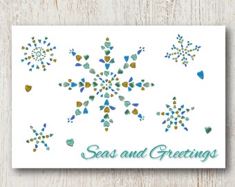 Seas and Greetings Seaglass Snowflake Christmas Postcard INSTANT DOWNLOAD - Printable Winter Seasons Nautical New England Holiday Card