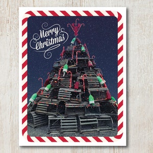 Postal de Navidad de trampa de langosta náutica DESCARGA INSTANTE - Tarjeta navideña imprimible de Nueva Inglaterra
