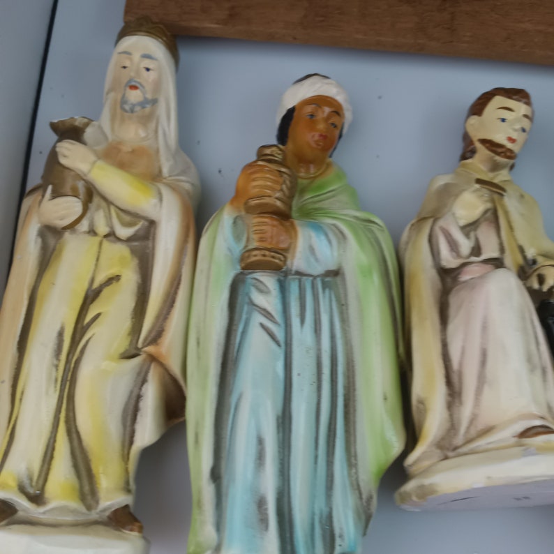Vintage Nativity set with Wooden Crèche, Hand painted Figurines made in