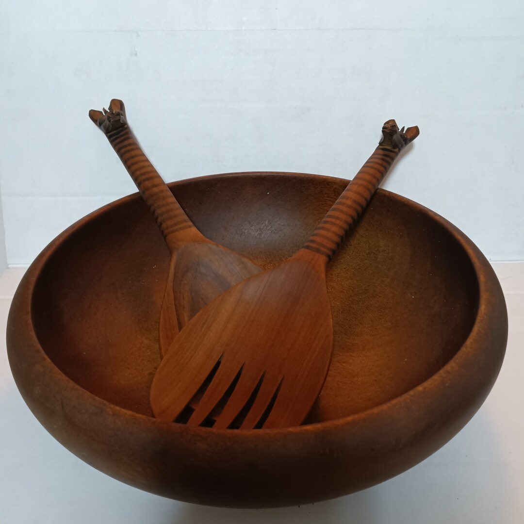 Vintage Curled Edge Wooden Salad Bowl With Hand Carved Salad Etsy