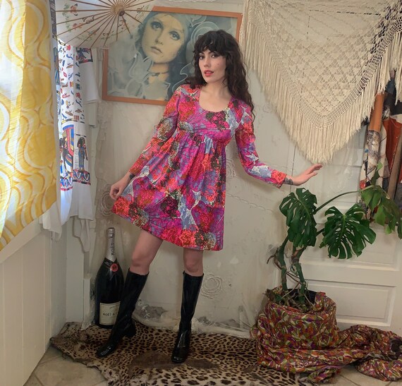 60s Abstract Pattern Dress Small 1960s Long Sleeve