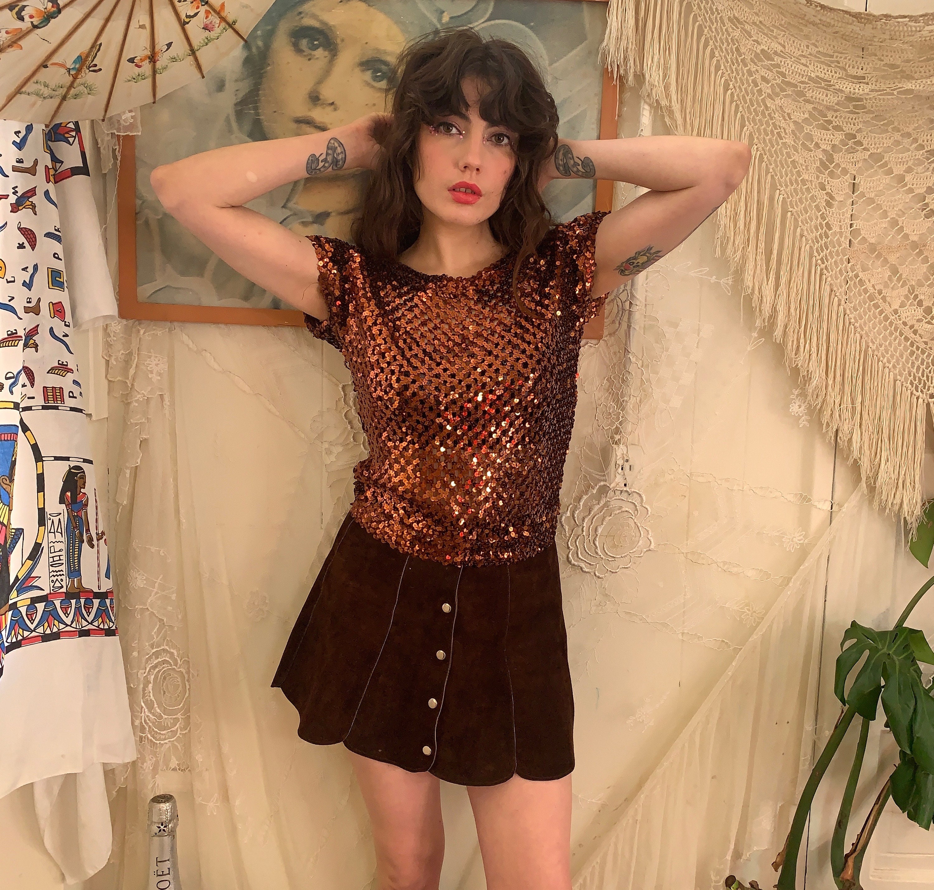 70's BROWN SEQUIN TOP see through crisscross large | Etsy