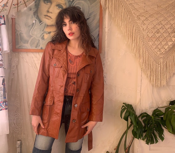 70's LEATHER JACKET - brown - belt - pockets - med