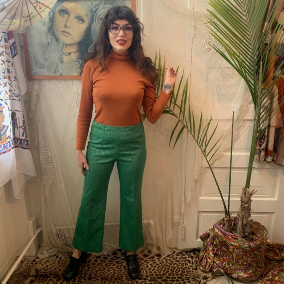 70's GREEN FLARES - high-waisted - textured circle