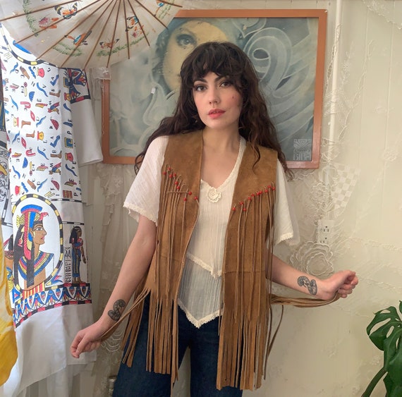 70's SUEDE FRINGE VEST - red beds - light brown -