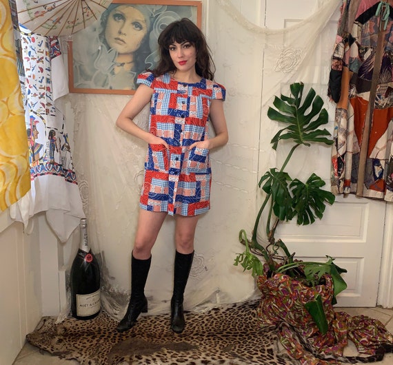 70's BANDANA MINI DRESS - buttons - patchwork - gi