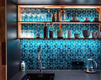 Mosaic Ceramic Tiles for Kitchen Backsplash or Bathroom Wall - Handmade Diamond Shape in Petrol Color - 1m2 (sqm)