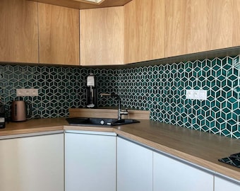 Ceramic Handmade Tiles for Kitchen Backsplash or Bathroom Wall - Mosaic of Diamond Shape in Blue Green Color - 1m2 (sqm)