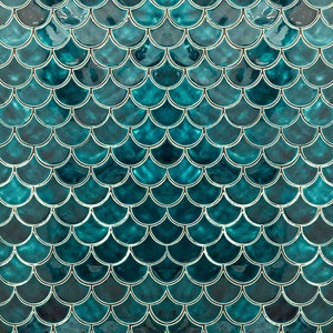 Ceramic Tiles for Bathroom Wall or Kitchen Backsplash - Handmade Fish Scale Shape in Blue Green Color - 1m2 (sqm)