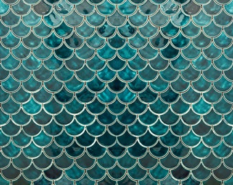 Ceramic Tiles for Bathroom Wall or Kitchen Backsplash - Handmade Fish Scale Shape in Blue Green Color - 1m2 (sqm)