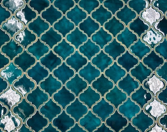 Handgemaakte keramische mozaïektegels • Petrolblauw arabesk • Wandtegel keukenachterwand, badkamer en douche