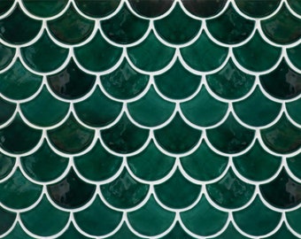 Ceramic Tiles for Kitchen Backsplash or Bathroom Wall - Handmade Fish Scale Shape in Emerald Color - 1m2 (sqm)