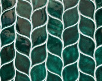 Ceramic Tiles for Kitchen Backsplash or Bathroom Wall - Handmade Ceramics of Leaves Shape in Forest Green Color - 1m2 (sqm)