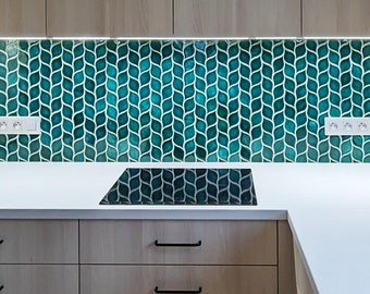 Ceramic Tiles for Kitchen Backsplash or Bathroom Wall - Handmade Ceramics of Leaves Shape in Blue Green Color - 1m2 (sqm)