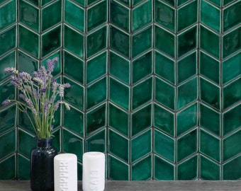 Mosaic Tiles for Kitchen Backsplash or Bathroom Wall - Handmade Ceramics of Diamond Shape in Emerald Color - 1m2 (sqm)