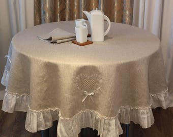 100% Linen  Tablecloth , ruffled  table skirt ,hand embroidery ,shabby chic tablecloth