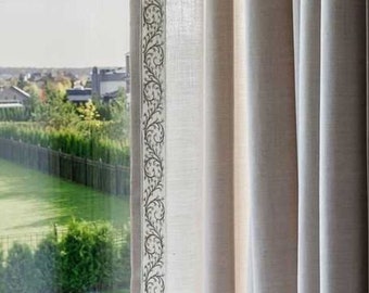 linen Curtains Panel  with decorative trim ,Bedrooms, Living rooms, French pleats, pinch Window Treatments FREE SHIPPING