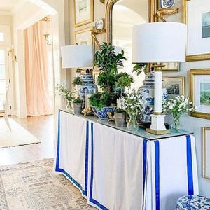 Custom made  LINEN console, round , rectangular  table skirt  with grosgrain ribbon trim,   tablecloth, table cover ,linens,home decor