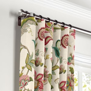 Jacobean linen Curtain Panel,red  Floral Window Panel  in Kaufmann designer fabric  Brissac Jewel