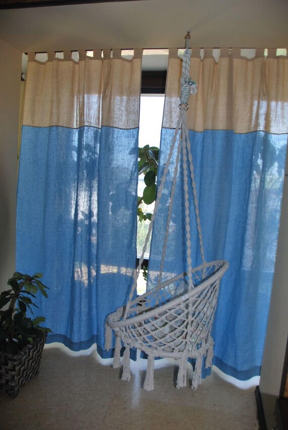 Color Block Linen Curtains Panel Flax Blue And Beige Colors Etsy