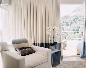 white /navy  color block Linen Custom    Curtains Panel ,inverted pleats window curtain flax window treatments, many  colors