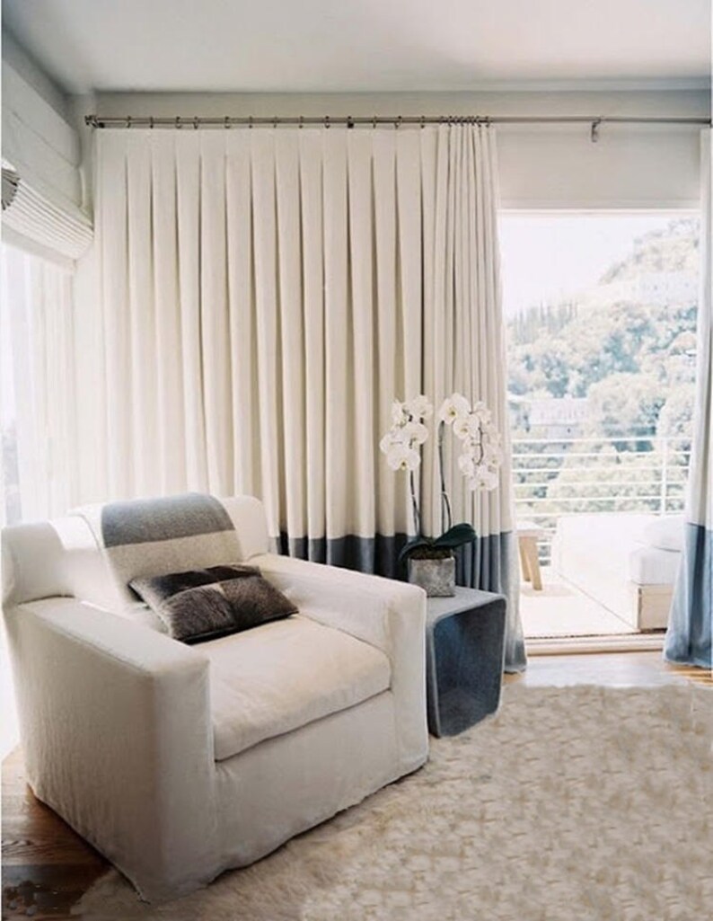 inverted pleats window curtain flax window treatments white and navy color block pure Linen Custom made Curtains Panel many colors