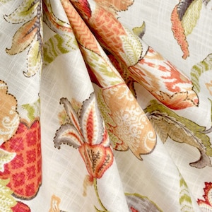 Jacobean linen Curtain Panel, orange Floral Window Panel  in Kaufmann  Brissac designer fabric USA free shipping
