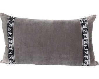 Grey velvet lumbar pillow cover with Greek key trim  ,decorative cushion cover,all size