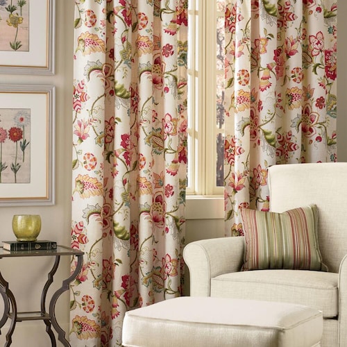 Jacobean Linen Curtain Panel Blue Floral Window Panel in Etsy