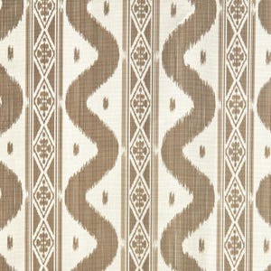 May include: A white fabric with a brown geometric pattern. The pattern features a wavy line design and diamond shapes.