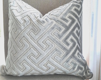 Grey Greek key pillow cover  Kravet fabric  , velvet geometric decorative cushion BOTH SIDES, any size