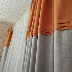 Orange and natural color block 100% Linen Custom  Curtain Panel ,  window treatments, many  colors FREE SHIPPING