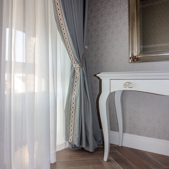 Pale Blue Linen Curtains Panel With Decorative Trim bedrooms Etsy