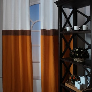 Designer color block linen Curtain Panel ,flax white  ,brown  and orange colors  striped curtain panel,window treatments,