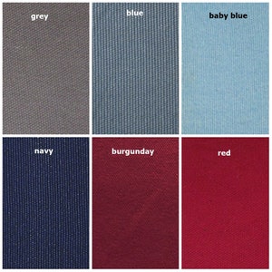 May include: Six fabric swatches in different colors: grey, blue, baby blue, navy, burgundy, and red.