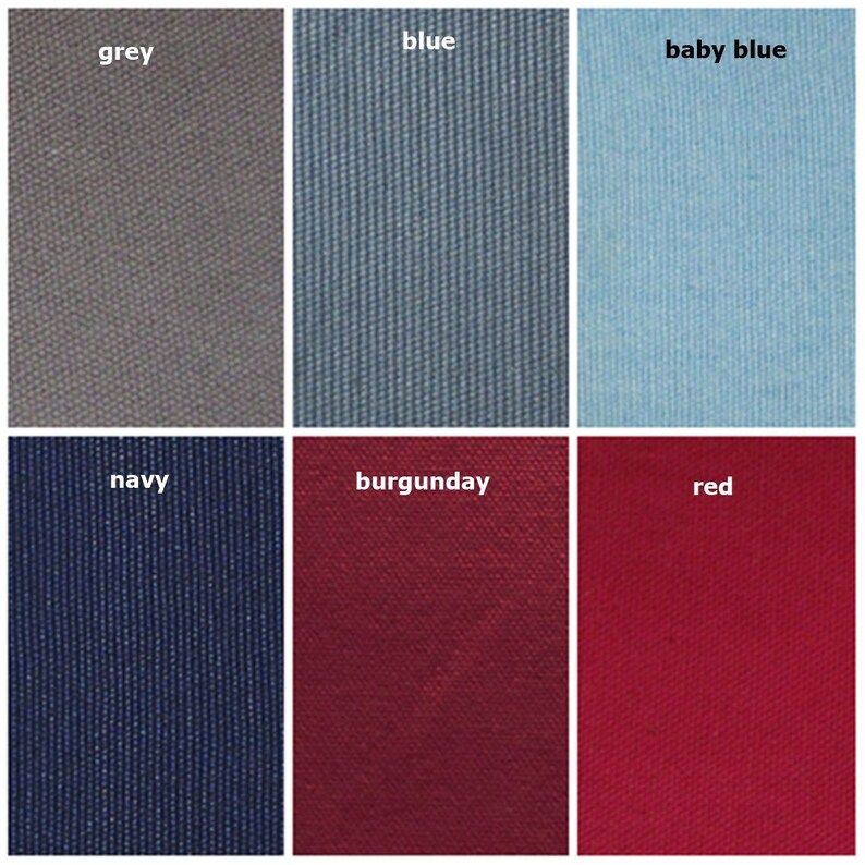 May include: Six fabric swatches in different colors: grey, blue, baby blue, navy, burgundy, and red.