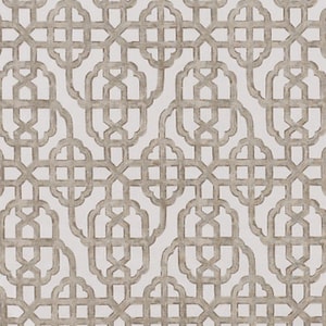 May include: A white and beige patterned rug with a geometric design. The pattern is made up of repeating squares and circles.