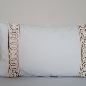 Linen lumbar pillow cover with beige Fretwork trim  ,decorative cushion cover,all size ,home decor USA FREE SHIPPING