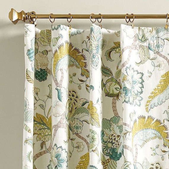 Jacobean  linen Curtain Panel , Kaufmann  designer  fabric Finders Keepers  Peacock, window treatment, drape USA  FREE SHIPPING