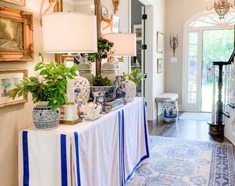 Custom LINEN console  made rectangular  table skirt  with grosgrain ribbon trim,   tablecloth, table cover ,linens