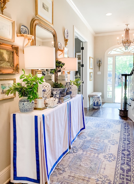 Custom LINEN Console Made Rectangular Table Skirt With Grosgrain