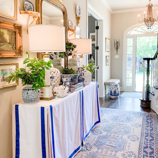 Custom LINEN Console   made rectangular  table skirt  with grosgrain ribbon trim,   tablecloth, table cover ,linens