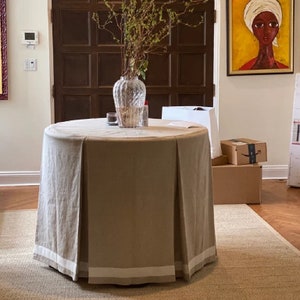 Custom LINEN  box pleats table skirt with ribbon, flax round tablecloth ,console table cover ,home decor