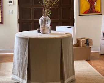 Custom LINEN  box pleats table skirt with ribbon,flax round tablecloth ,console table cover ,home decor