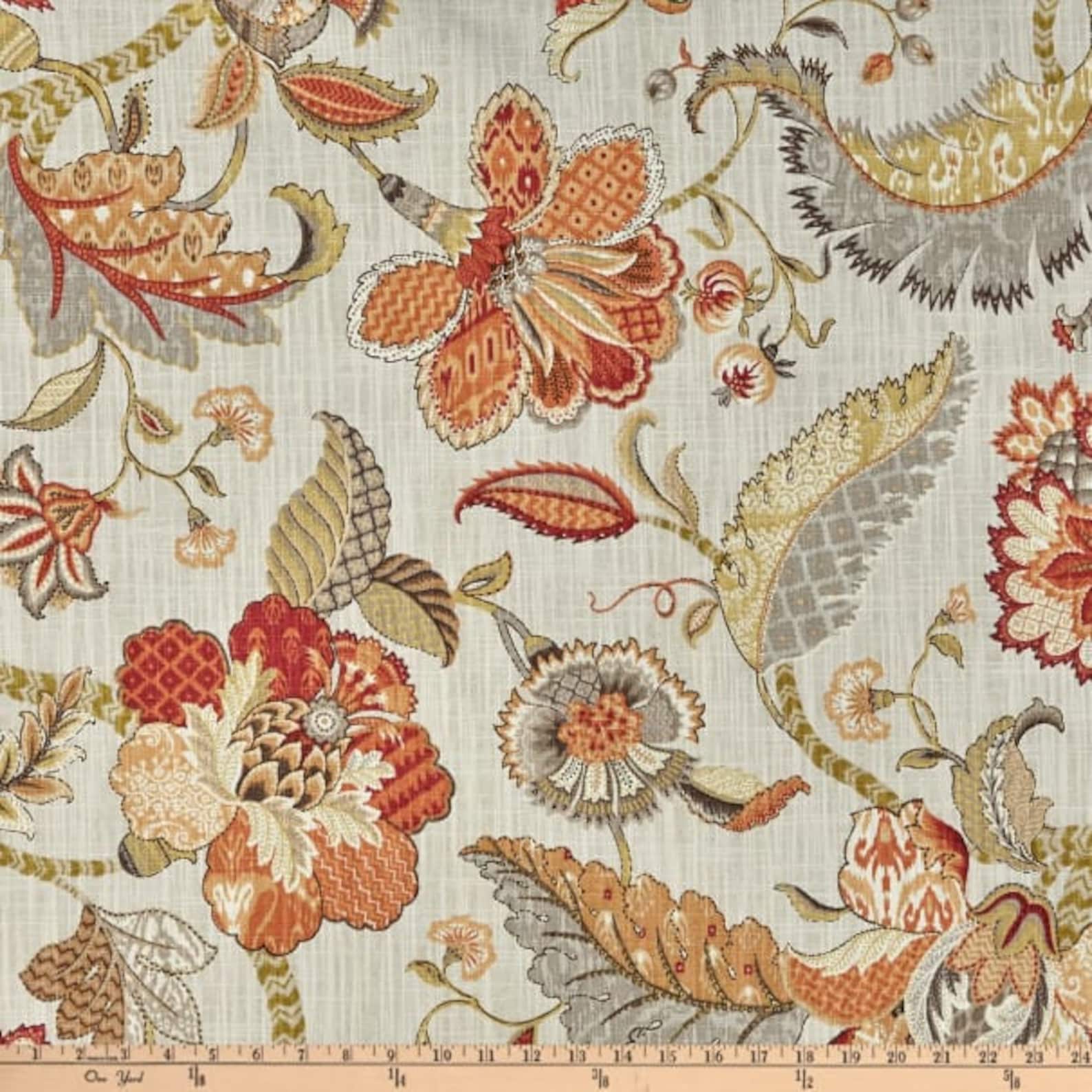 Jacobean Linen Curtain Panel Orange Floral Window Panel in Etsy
