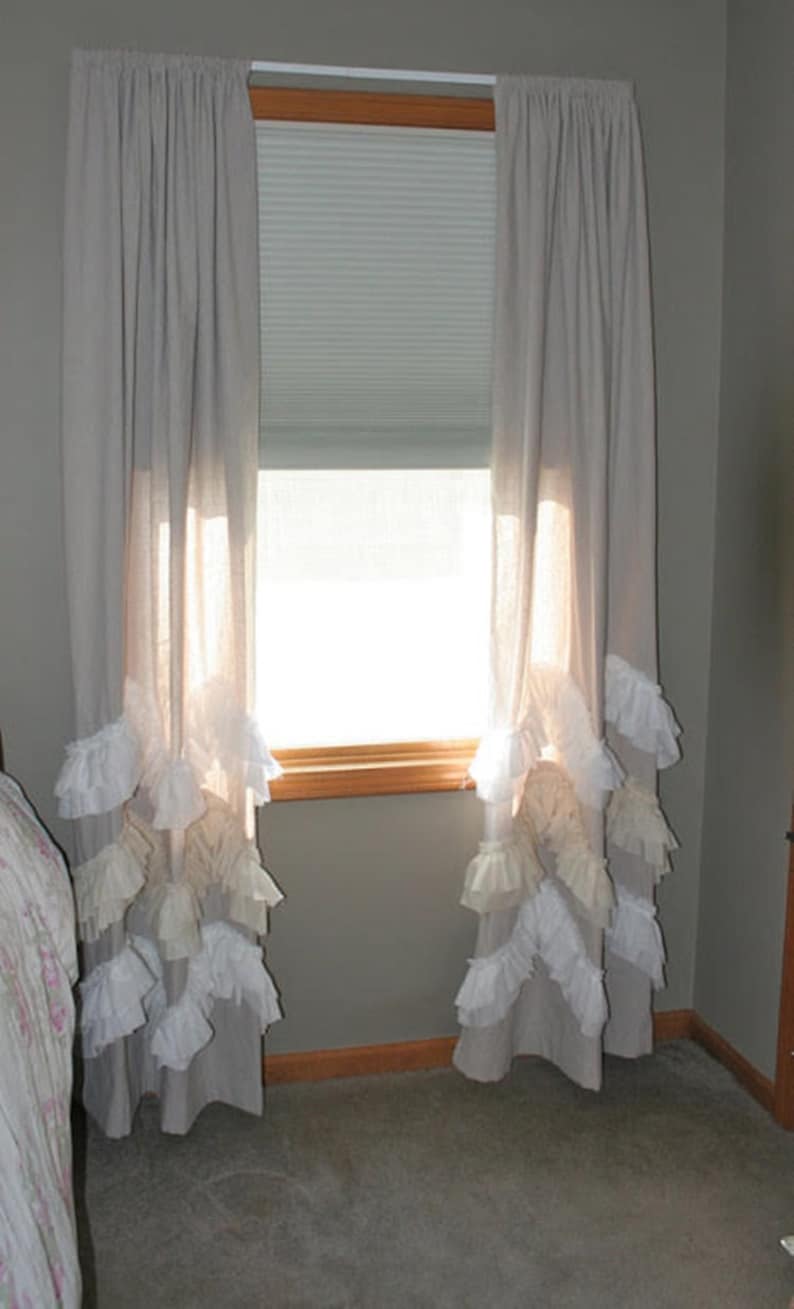 100 Linen Ruffled Curtains Panelshabby Chic Window Etsy
