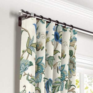 Jacobean  linen Curtain Panel, blue Floral Window Panel  in Kaufmann designer fabric  Brissac