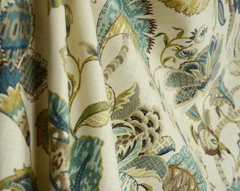 Jacobean Floral Linen Window Curtain Panel, Kaufmann Finders Keepers French Blue Drape