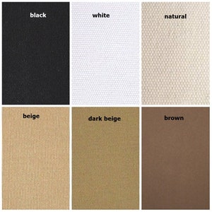 May include: Six fabric swatches in different colors: black, white, natural, beige, dark beige, and brown.
