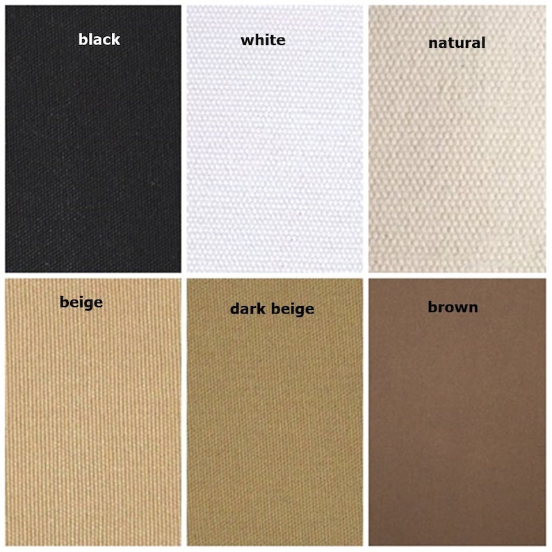 May include: Six fabric swatches in different colors: black, white, natural, beige, dark beige, and brown.